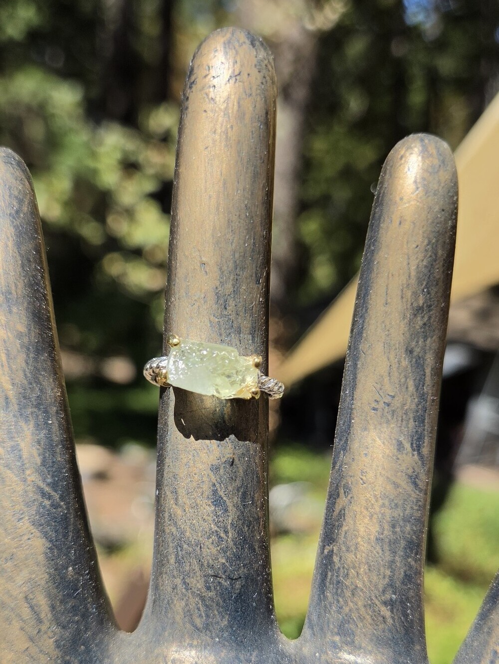 Tourmaline Natural Raw Gemstone Sterling & Gold Ring Sz7 - Picture 3 of 8